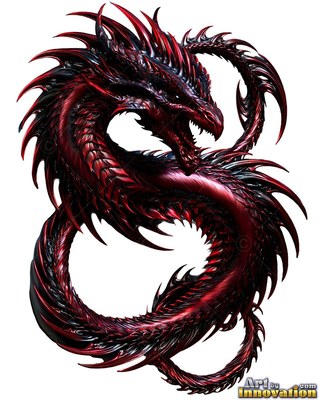 Curled in an S-shape on a white field, a spiky dragon made of polished red chrome
