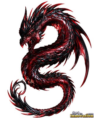 A spiky black and red polished metal dragon roars while curling its body into a S shape