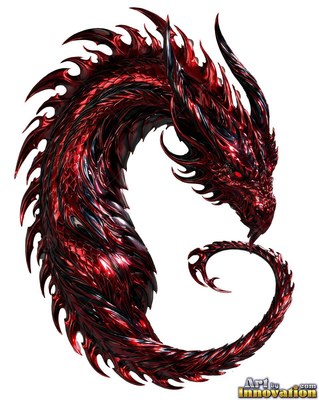 Against a white backdrop, a red metallic dragon curves into a sharp C shape