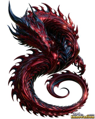 Curling into an S-shape, a shiny red metal dragon bares pointed horns and scales