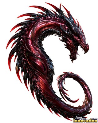 Red metallic spikes line this curled dragon as it loops against a white background