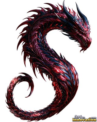 A spiky polished metal dragon curls into a S shape, catching bright highlights on deep red scales