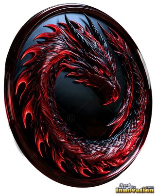 Curled into a circle inside a round medallion, a red polished metal dragon rests