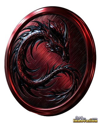 A black spiky dragon curled inside a round brushed red metal medallion