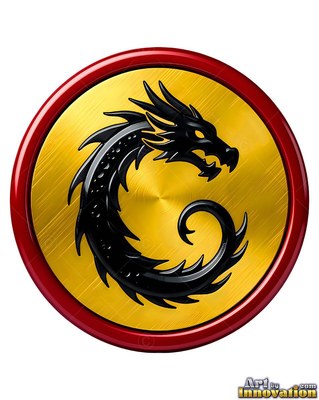 On a round gold medallion, a black dragon curls its spiky body inside a red frame