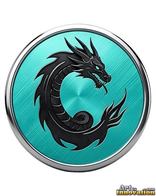 Curling set within a circular teal medal, a deep black dragon bears sharp horns and teeth