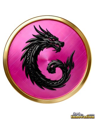 Deep black dragon curled inside a pink and gold medallion