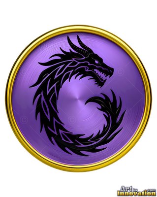 Sharp horned crest on a deep black dragon curled in a round purple medallion