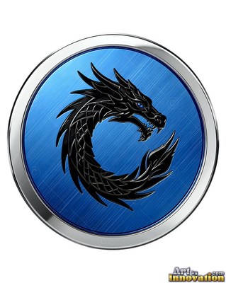A black dragon coils inside a round medallion, set against a brushed blue background