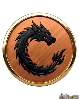 Curled in a circle on a copper medal, a dark dragon bares its teeth
