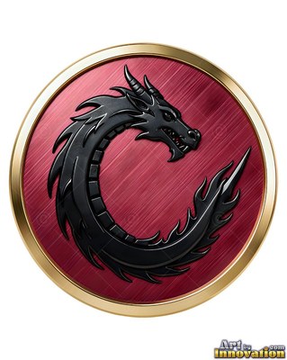 A black metal dragon curls framed by a round red medallion with a gold rim