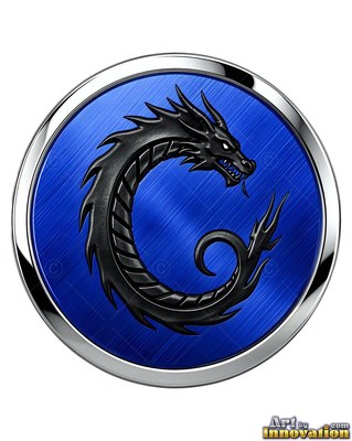 Inside a silver and blue medallion, a black dragon coils into a circle shape