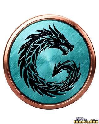 Curling in a circle, a black tribal dragon sits on a brushed turquoise metal medallion