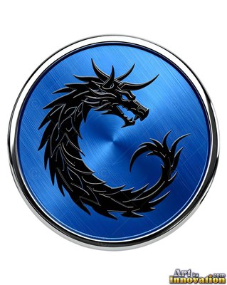 Curled black polished metal dragon on a round blue medallion