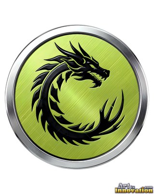 Spiked dragon coiled in a round lime green medallion with a silver rim