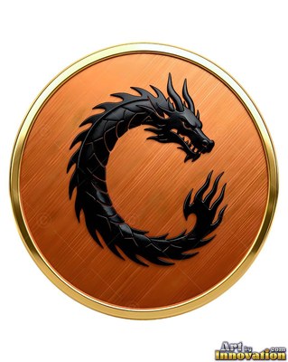A black dragon loops in a circle against a brushed copper medallion framed in gold