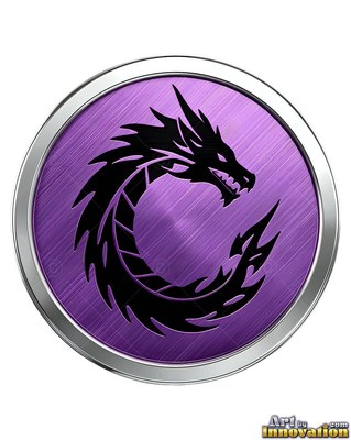 Curled into a circle on a purple metallic medallion, a black dragon bares its teeth