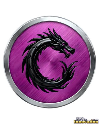 A black metal dragon curled inside a purple round medallion with a silver rim