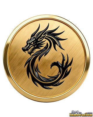 Inside a round gold medallion, a deep black dragon curls into a curving s