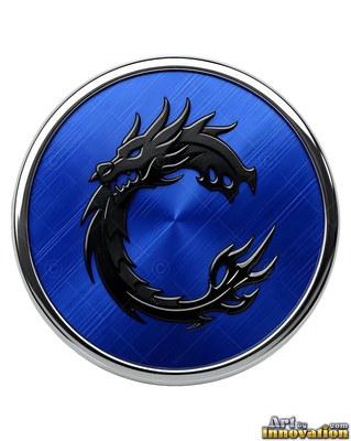 Curling into a C shape, a black dragon rests inside a round blue medallion