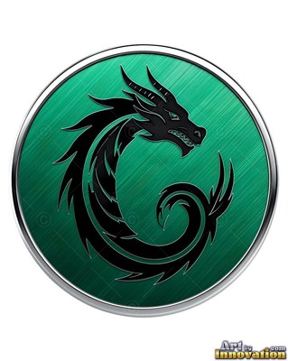 Black dragon emblem on a round green metal disc