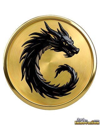 Curled spiky black scales on a dragon coiled framed by a round gold medallion