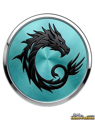 A black tribal dragon twists in a circle within a circular medallion of brushed teal metal