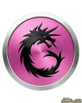 Curled in a circle on a pink metal medallion, a spiky dragon in black