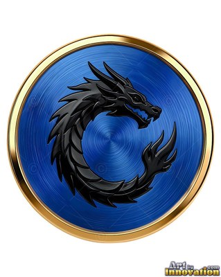 A black metallic dragon curled in a circle inside a blue medallion with a gold rim