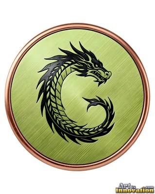 Framed by a round copper medallion, a dragon twists across a green disc