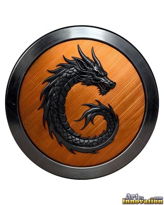 Curling inside an orange round medallion, a black scaled dragon forms a C shape
