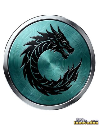 Black dragon coiled set within a circular teal metal medallion