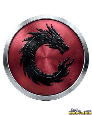 A black coiled dragon with red eyes on a brushed red circular metal medallion
