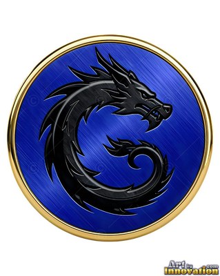 A dragon in black twists framed by a round gold frame against brushed blue metal