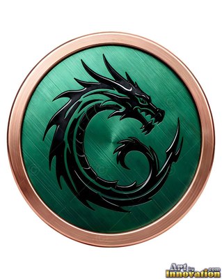 Curled into a circle, a dark dragon rests inside a green round medallion