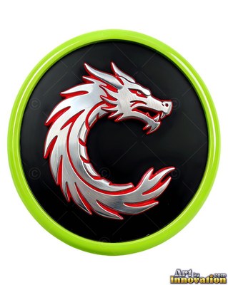 A silver dragon curled on a black round badge with a bright green rim
