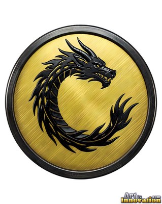 Inside a circular gold medallion, a black metal dragon loops into a C shape