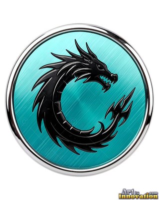 Curling into a circle, a black metallic dragon rests set within a circular turquoise medallion