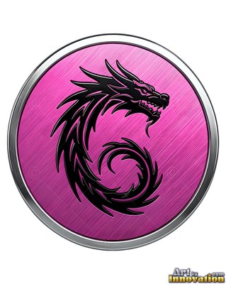 Dark dragon coiled in a round pink metal medallion