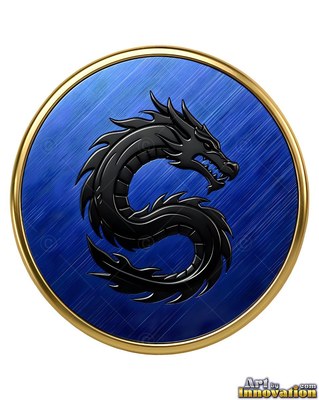 Black spiked scales curve into a S shape in a round blue medallion with gold trim