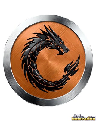 A deep black dragon winds inside a round silver medallion with a brushed copper center