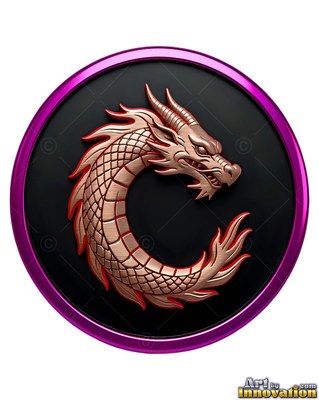 Curled into a circle, a copper dragon lies on a black medallion with a purple rim