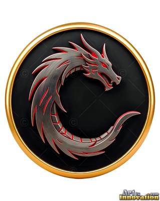 A brushed dragon curls inside a round black badge edged in gold