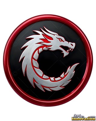 Inside a red circular medallion, a pale silver dragon loops on a black base