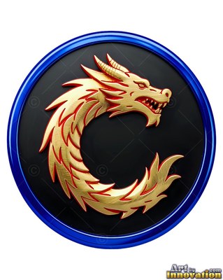 Curling into a C shape, a golden dragon sits on a black medallion ringed in blue