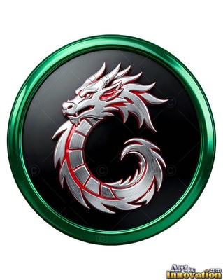 Silver dragon coiled within a circular black emblem with a green rim