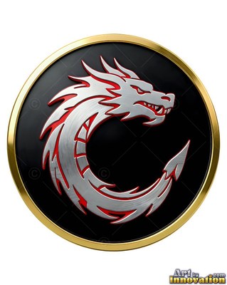 Silver scales on a curled dragon emblem set within a circular black medallion with gold trim