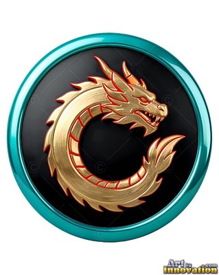 A gold metal dragon coils in a circle inside a medallion with a bright teal rim