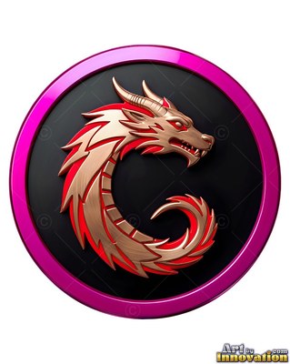 Curled in a circle, a gold metallic dragon settles on a dark disc with a pink rim
