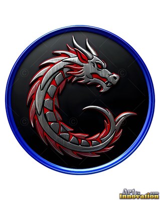 A curled silver dragon with red spines rests inside a dark blue medallion